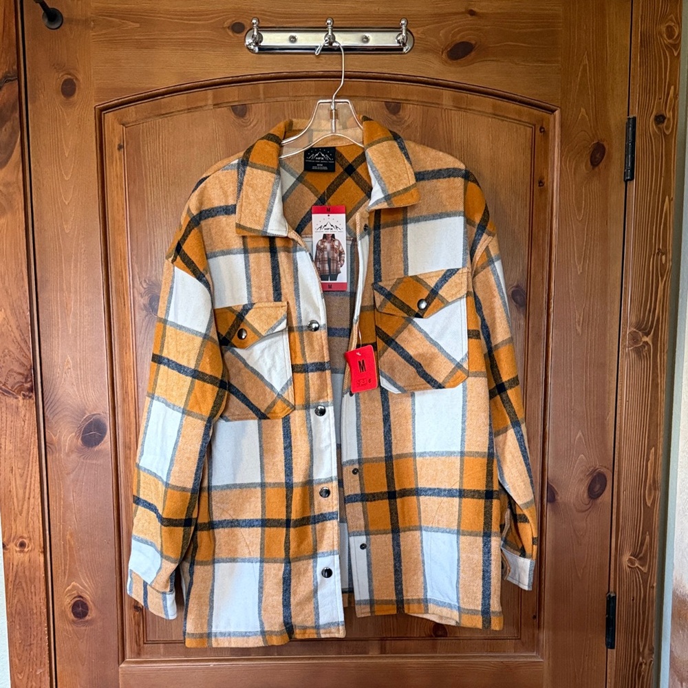 Women's Plaid Utility Jacket - Mustard and White